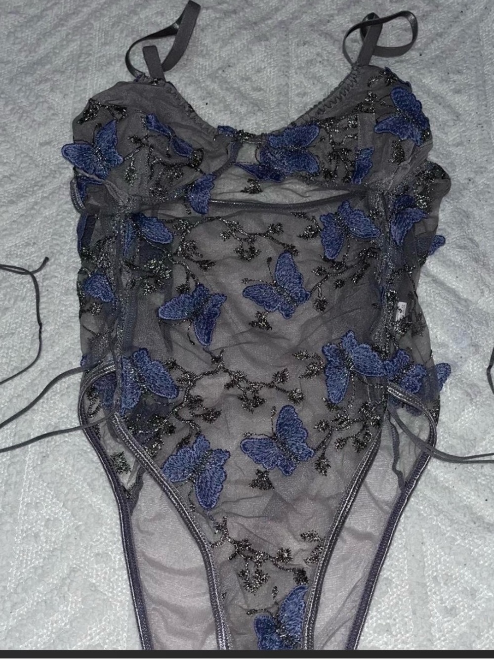 SHEIN Black Sheer Mesh Bodysuit with Blue Butterfly Embroidery